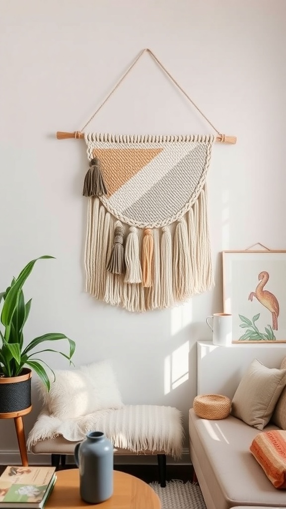 A stylish woven wall hanging displayed in a cozy living room setting.