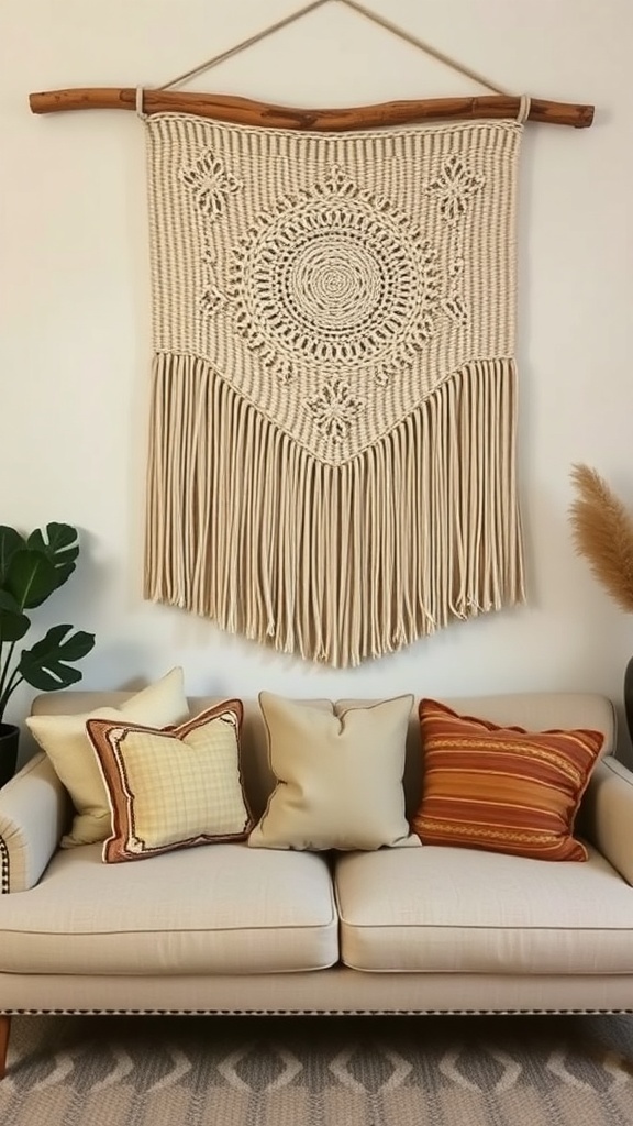 A beautifully woven wall hanging featuring intricate patterns and fringe, displayed above a cozy sofa with colorful cushions.