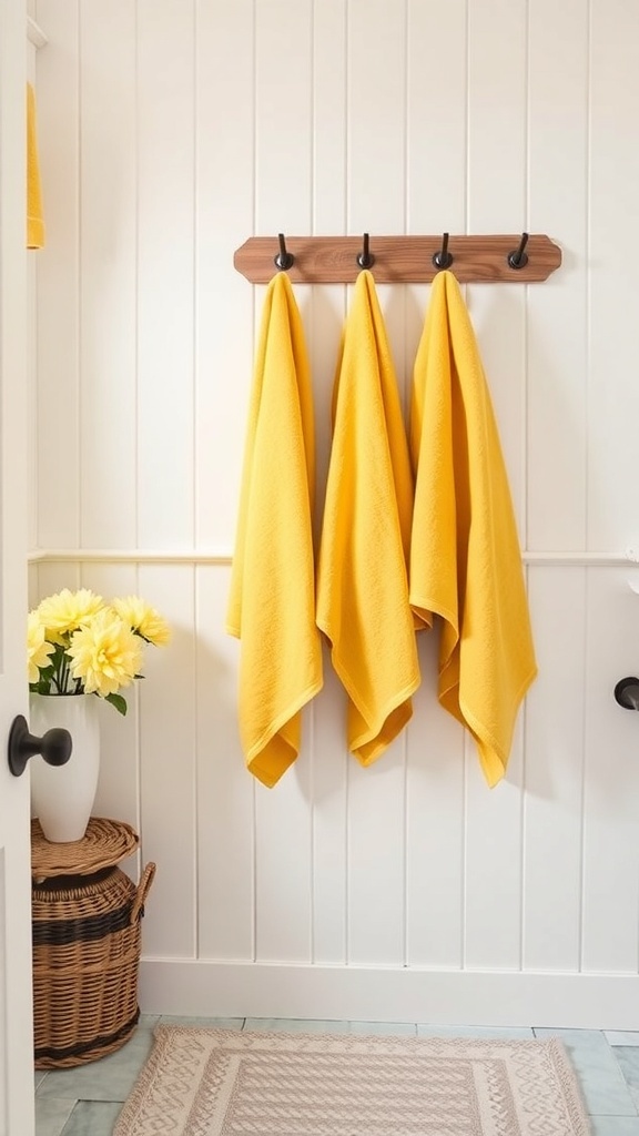 Three yellow towels hanging on a wooden rack in a bright bathroom