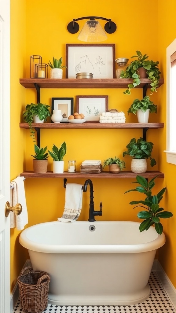 A bathroom featuring a bright yellow accent wall with wooden shelving displaying plants and decor.