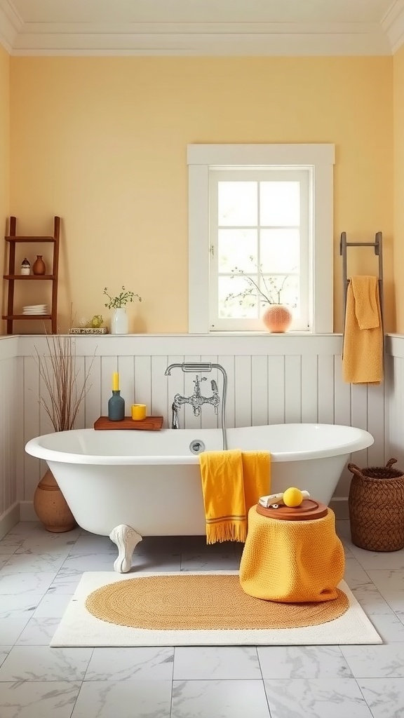 A bright yellow accented bathtub in a cozy farmhouse bathroom setting.