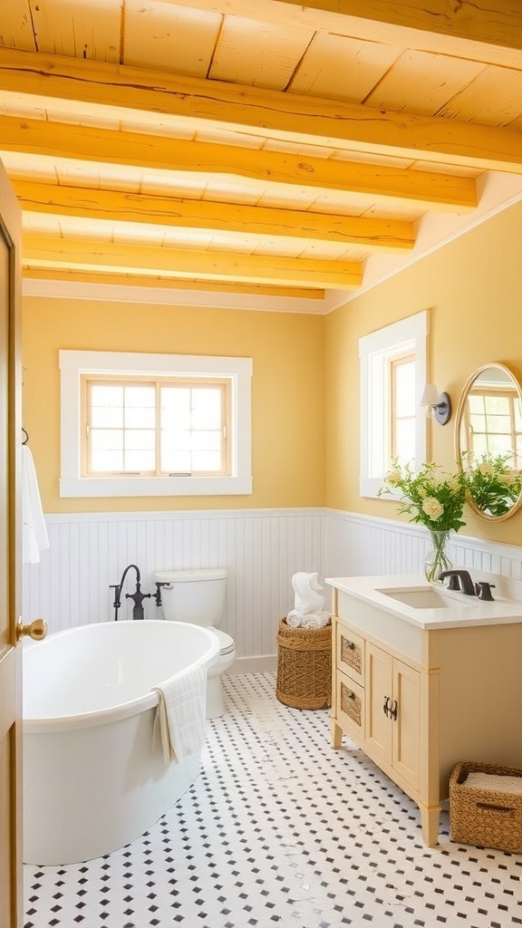 A bathroom featuring yellow accented ceiling beams, soft yellow walls, and a freestanding tub.