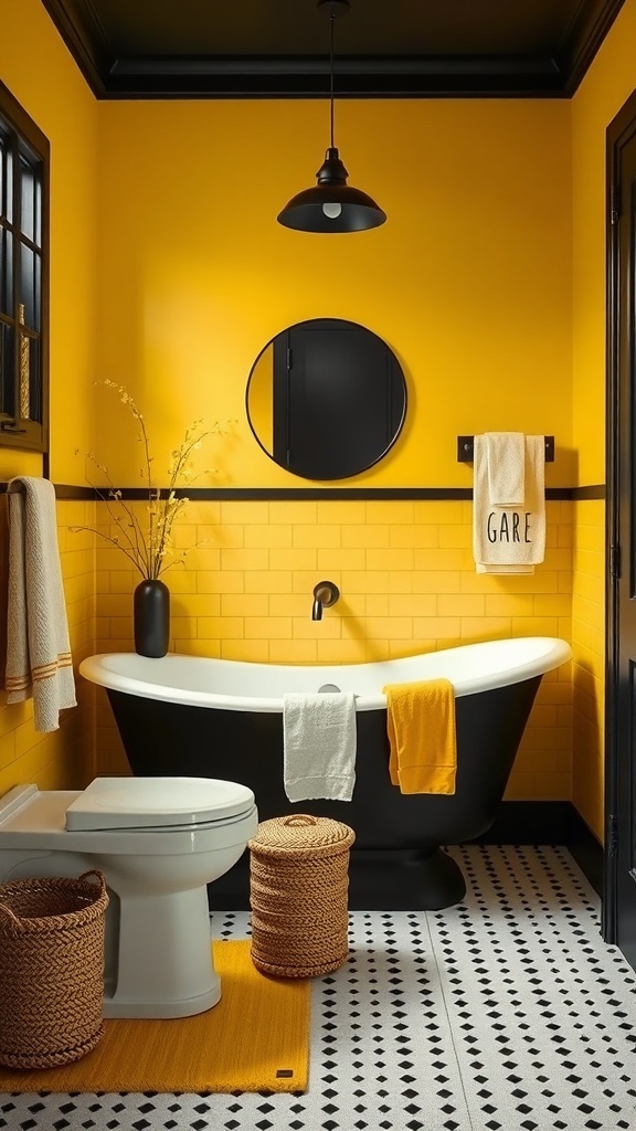 Stylish bathroom featuring yellow walls and black accents, showcasing a modern farmhouse charm.