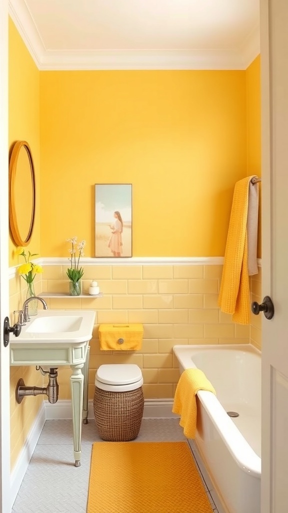 A bright yellow bathroom with gray accents, featuring a vintage sink and a cozy atmosphere.