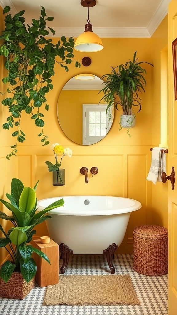 A bright yellow bathroom featuring green plants, a white bathtub, and natural decor elements.