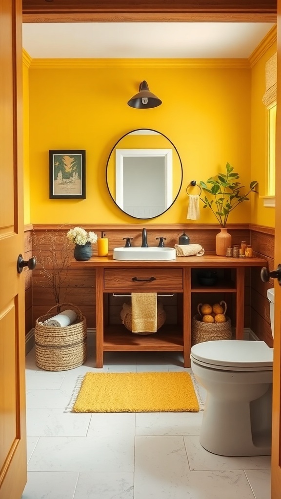 A bright yellow bathroom featuring natural wood accents, a round mirror, and stylish decor.