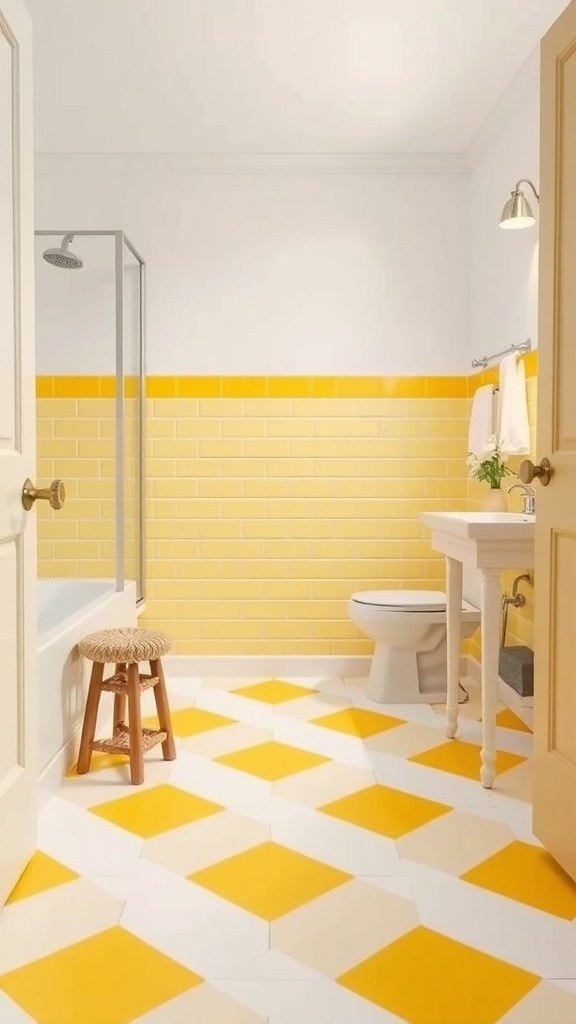 A bright bathroom with yellow and white tile patterns, featuring a yellow subway tile wall and a diamond-patterned floor.
