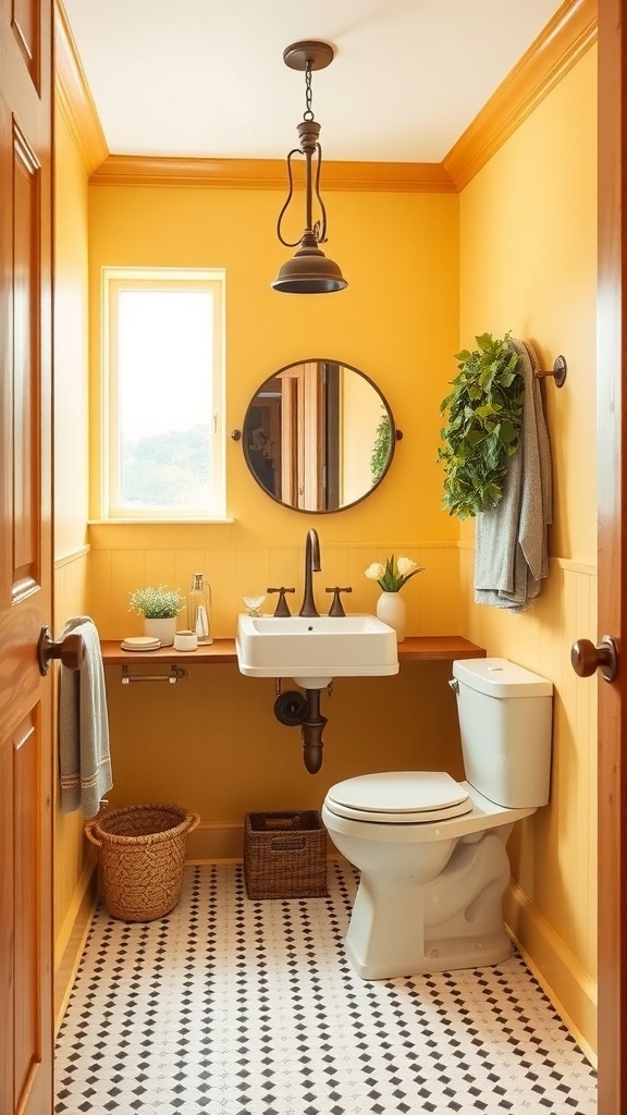 A bright yellow bathroom featuring wooden accents and a modern sink.