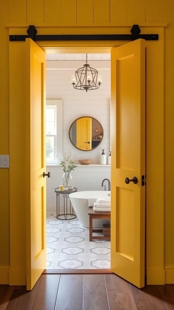 A bright yellow barn door leading into a stylish bathroom with a freestanding tub and modern decor.