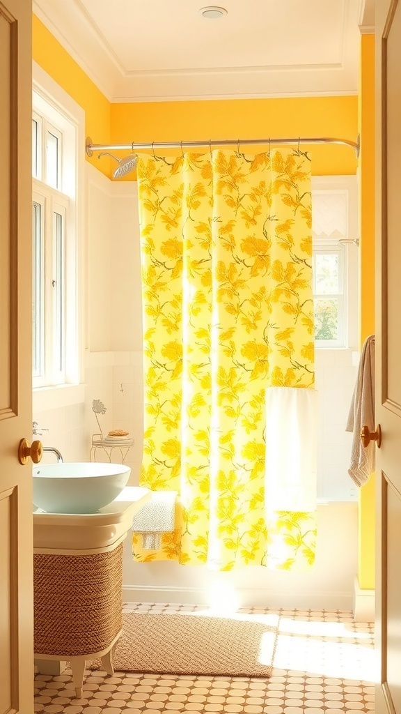 A bright yellow floral shower curtain in a sunny bathroom with yellow walls and a cozy decor.