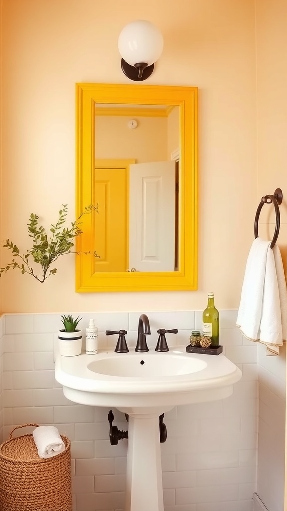 A bright yellow framed mirror above a white sink in a cozy bathroom with neutral walls.