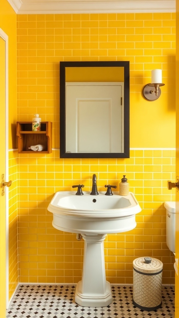 A bright yellow mosaic tile backsplash in a bathroom with a white sink and black fixtures.