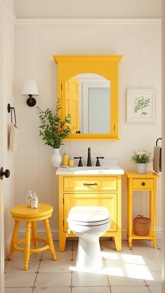 A bright yellow bathroom featuring painted furniture pieces including a vanity, stool, and mirror.