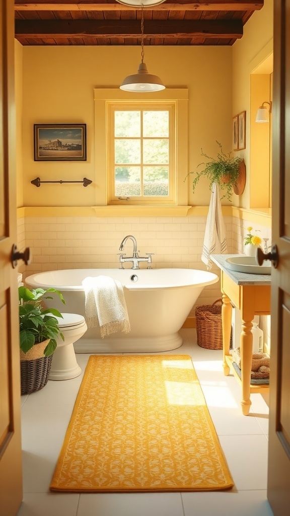A cozy bathroom featuring a yellow patterned rug in front of a bathtub, with warm yellow walls and rustic decor.