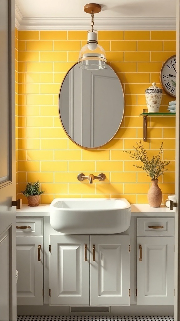 A bright yellow subway tile backsplash in a farmhouse-style bathroom.