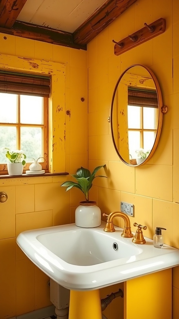 A cozy yellow bathroom featuring vintage fixtures, a round mirror, and a plant on the windowsill.
