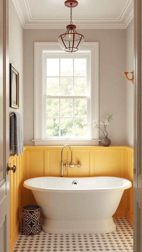 A bright bathroom featuring yellow wainscoting, white walls, and brass fixtures.