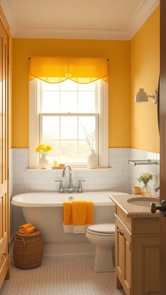 A bright yellow window treatment in a farmhouse bathroom with a tub and natural wood accents.