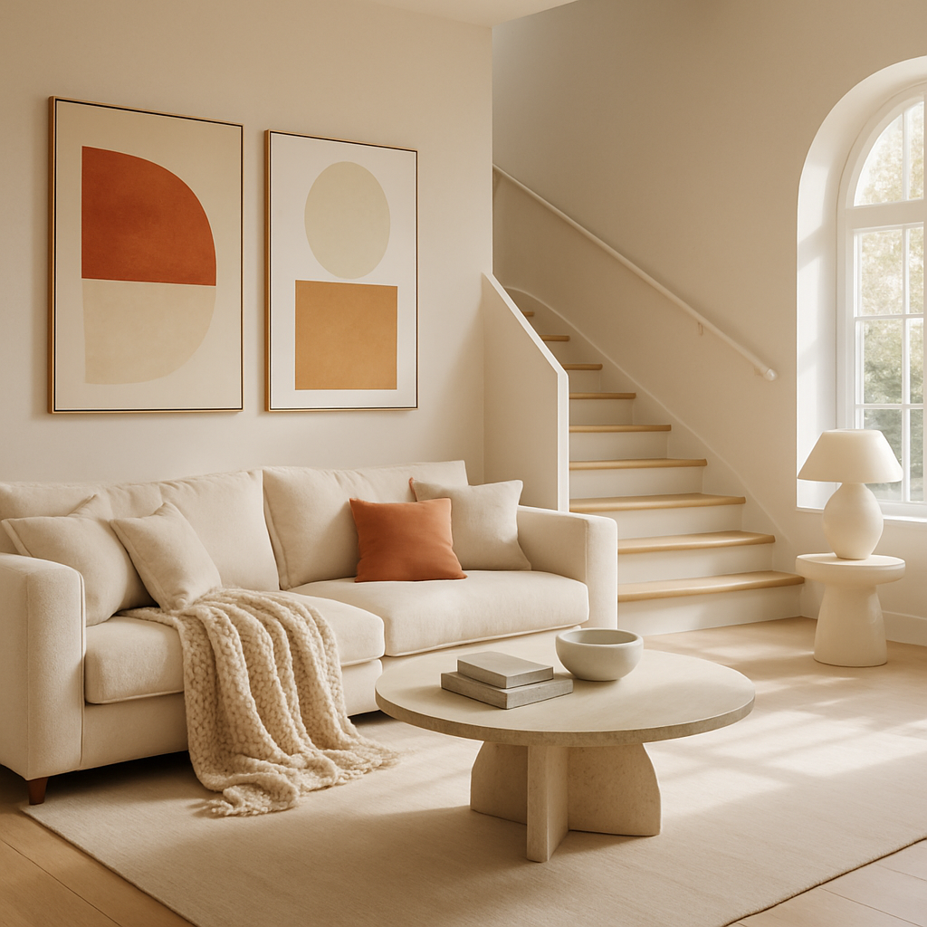 Ein modernes Wohnzimmer mit zeitgenössischer Kunst, einem beigen Sofa und einem runden Tisch.