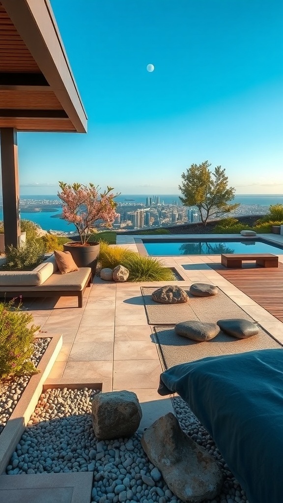 Zen-Garten mit Meditationsbereich, Möbel, Pflanzen und Aussicht auf die Stadt