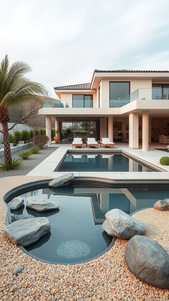 Ein moderner Pool mit Zen-Garten, umgeben von Steinen und Pflanzen.