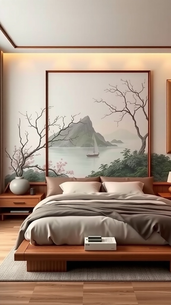 A serene Japandi bedroom with zen-inspired artwork depicting a tranquil landscape.
