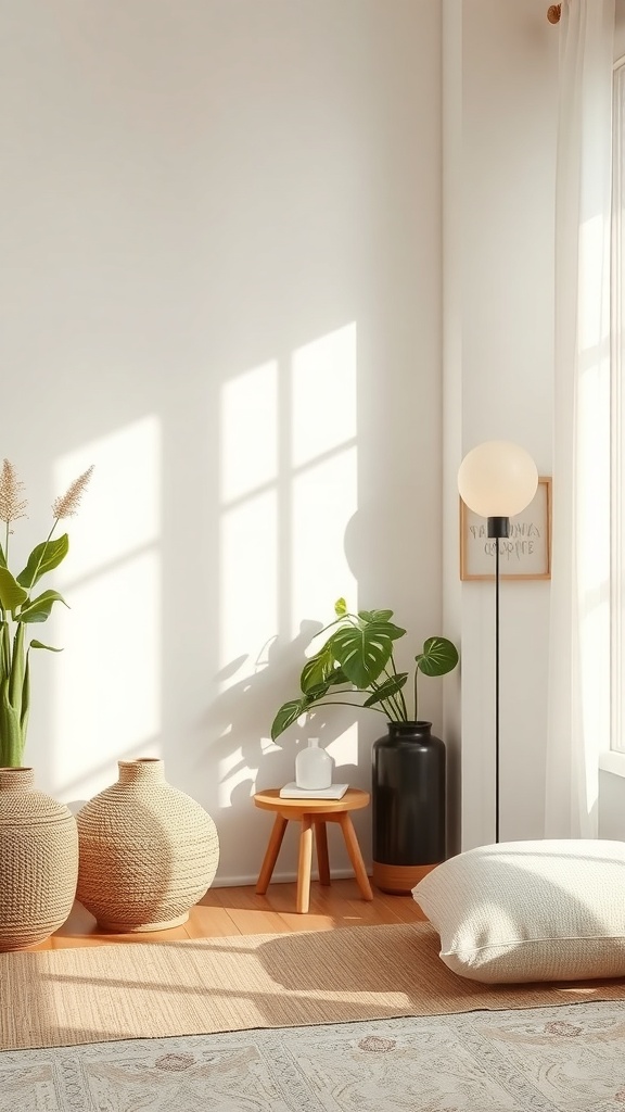 A cozy zen-inspired corner featuring natural light, plants, and soft textures.