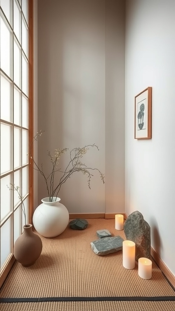 A serene corner featuring natural stones, candles, and minimalist vases, embodying Zen-inspired decor.