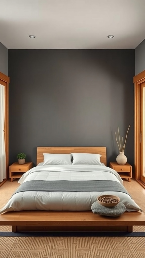Minimalist Japanese bedroom with wooden platform bed, white bedding, and natural decor elements.