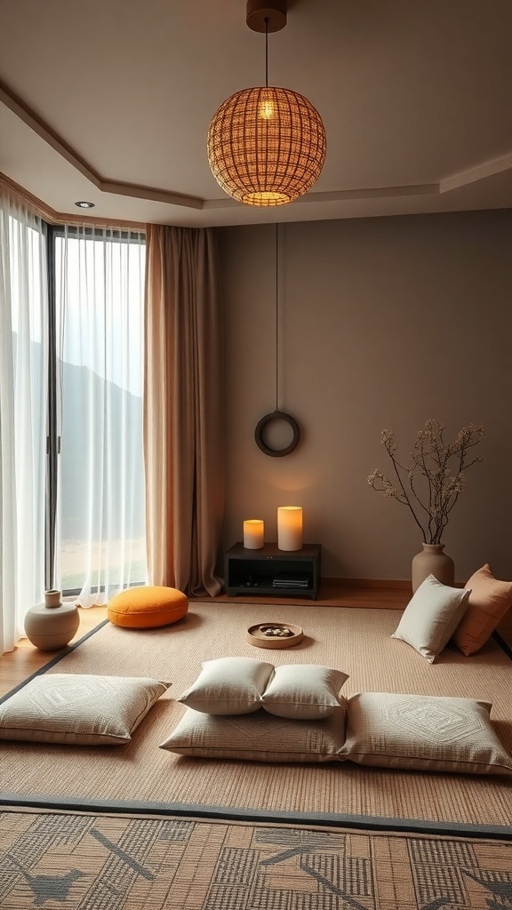 A serene meditation corner with cushions, candles, and natural light.