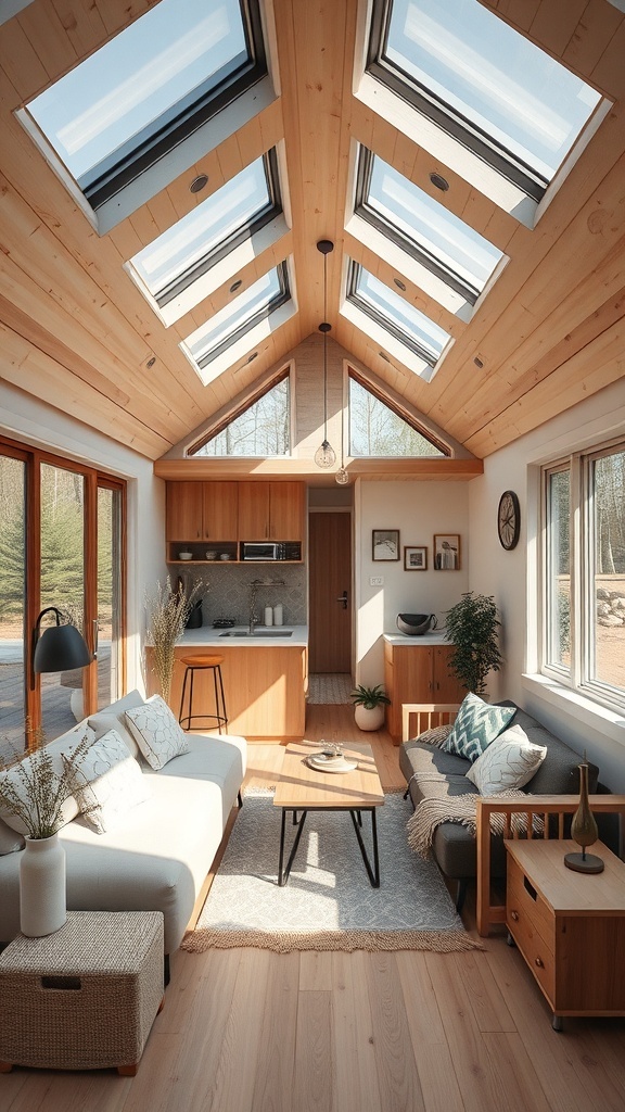 Ein minimalistisches Wohnzimmer mit großen Fenstern, Holzdetails und einer ruhigen Atmosphäre.