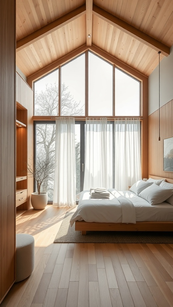 A serene bedroom with large windows, wooden walls, and soft linens, creating a calming atmosphere.