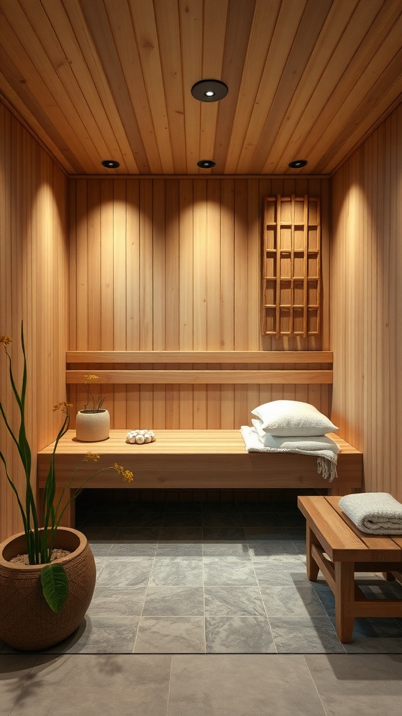 A serene wooden sauna with soft lighting, a bench, and decorative plants.