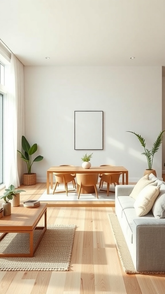 A serene living room and dining room combo featuring light wood flooring, a gray sofa, and a wooden dining table with plants.