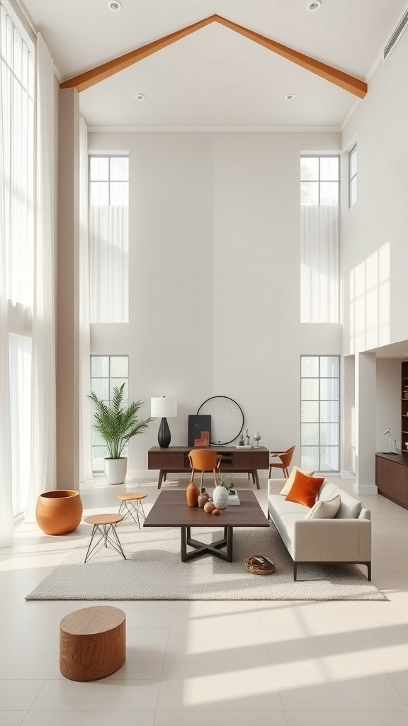A bright and airy open concept living and dining room with high ceilings, large windows, and minimalistic decor featuring warm orange accents and natural materials.