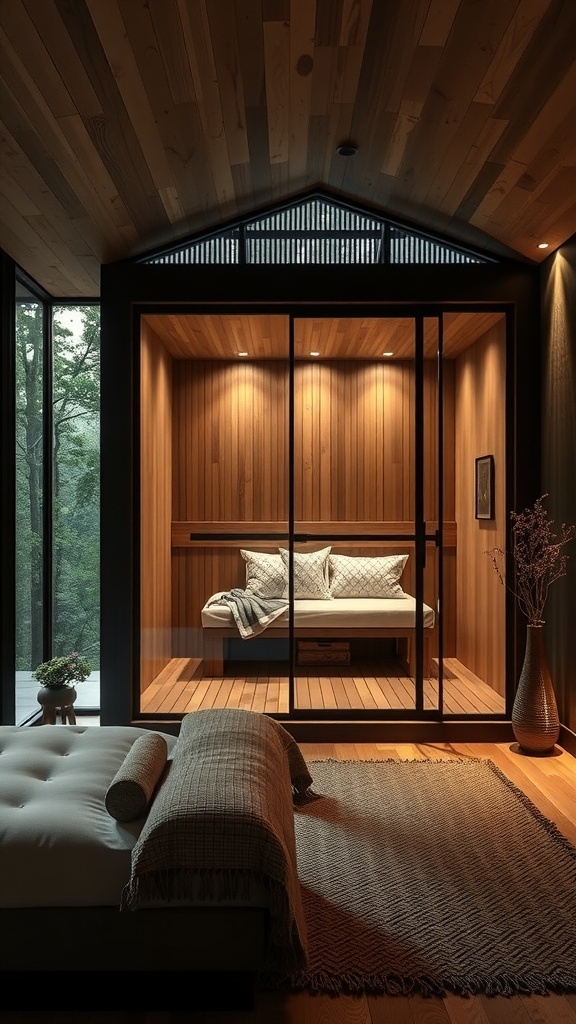 Zen-inspirierte Sauna mit Holz und großen Fenstern, Blick auf die Stadt