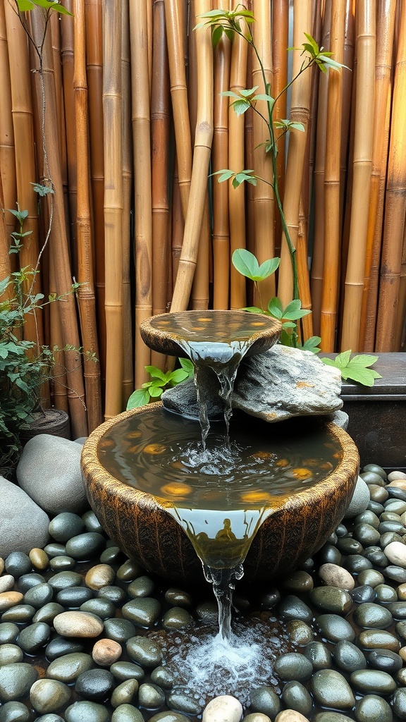A serene bamboo water feature with flowing water and smooth stones