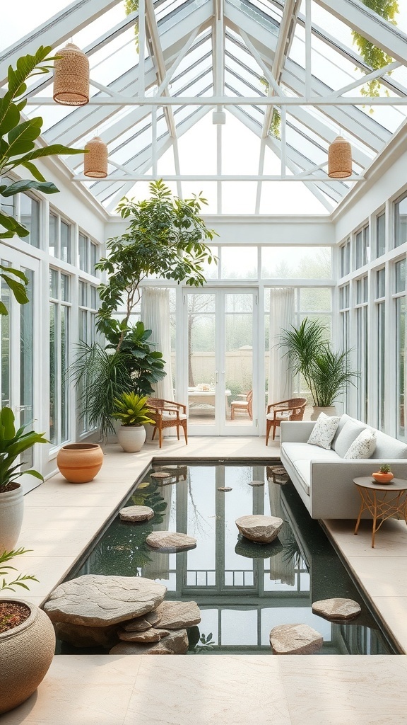 A bright conservatory with a glass ceiling, featuring plants, a water feature with stones, and comfortable seating.