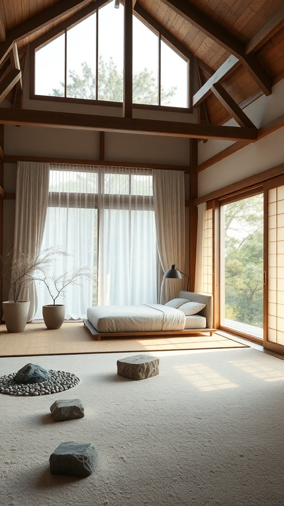 A serene Japandi bedroom featuring large windows, minimalist decor, and Zen garden elements like stones and plants.