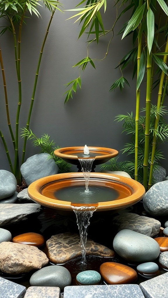 A serene zen garden fountain with two tiered bowls, surrounded by smooth stones and bamboo.
