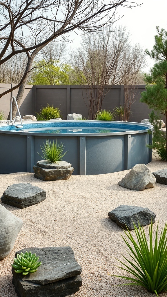 A serene sunken above ground pool surrounded by rocks and sand, with a waterfall feature and colorful chairs nearby.