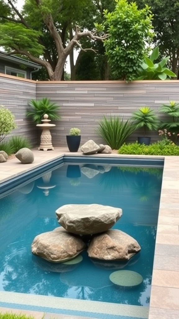 A serene Zen garden pool with smooth stones and lush greenery.