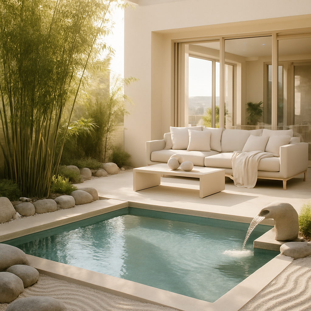 Ein kleiner Zen-Garten-Pool mit Steinen und Pflanzen, umgeben von einer modernen Sitzgelegenheit.