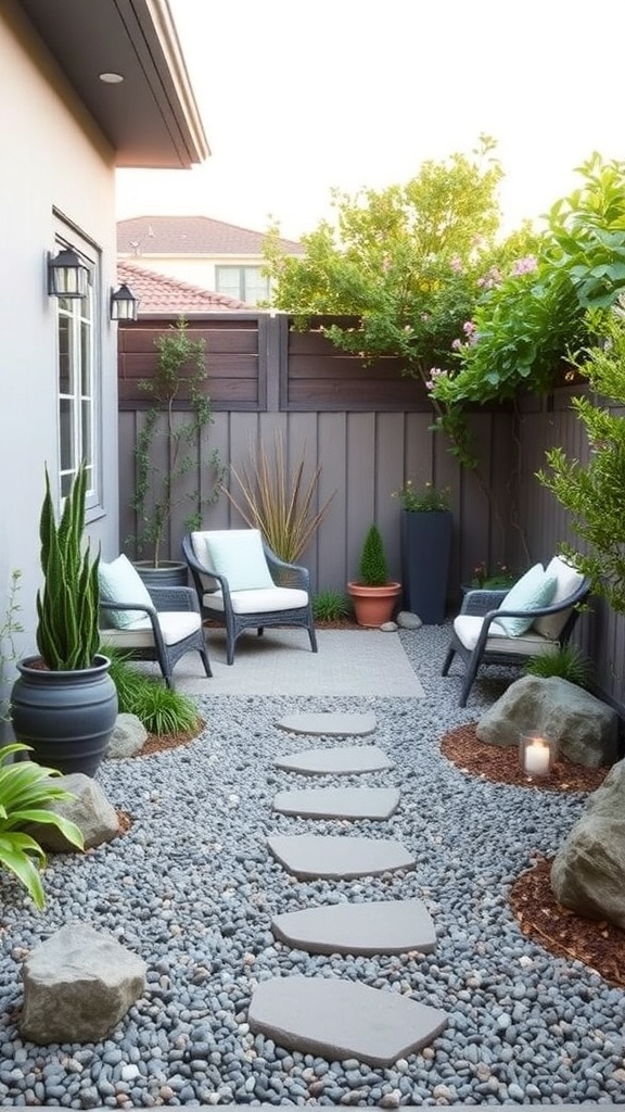 A serene backyard patio with stepping stones, gravel, and comfortable seating surrounded by plants.