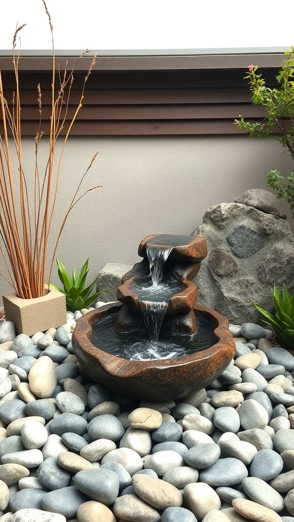 A tiered Zen garden waterfall surrounded by smooth pebbles and greenery.