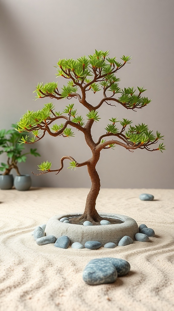 A serene Zen garden featuring a bonsai tree, surrounded by sand and smooth blue stones.
