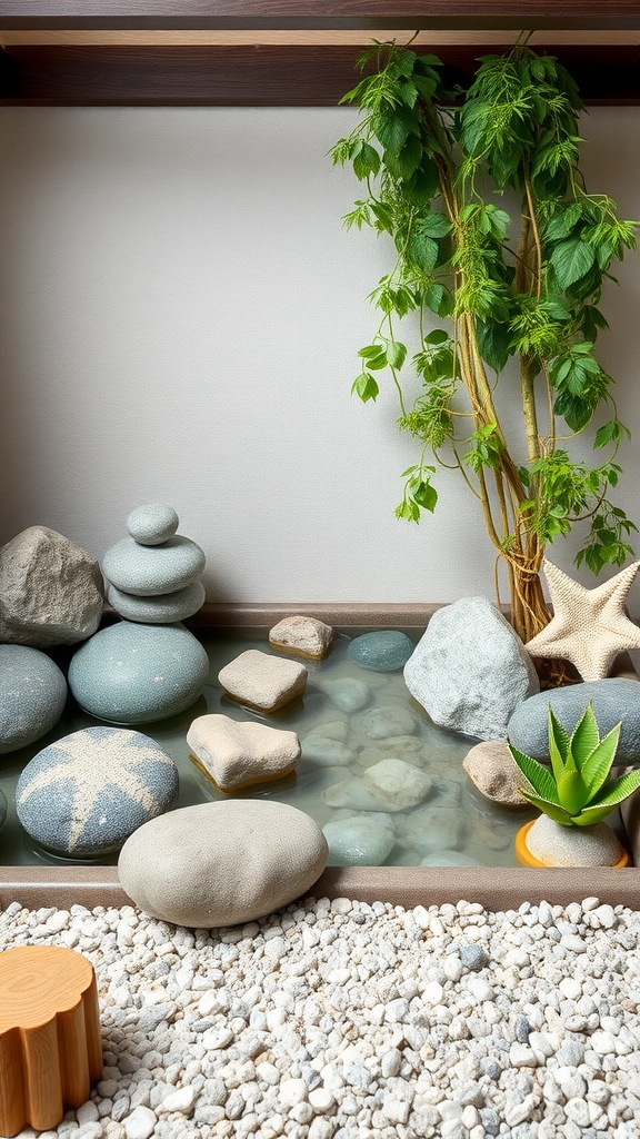 A serene Zen garden featuring smooth stones, a small water pool, and lush greenery.