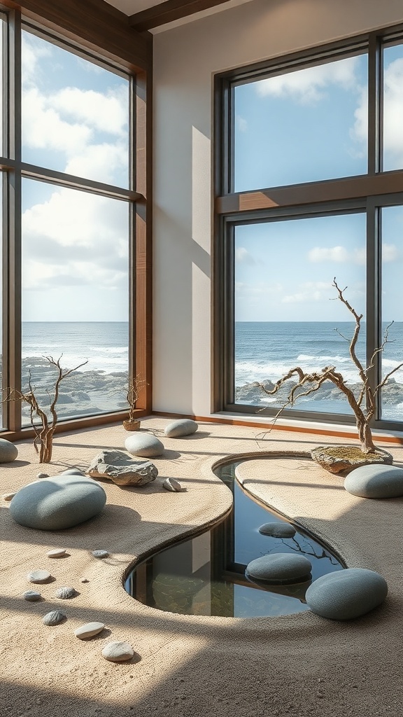 A zen garden with smooth stones, a water element, and large windows overlooking the ocean.