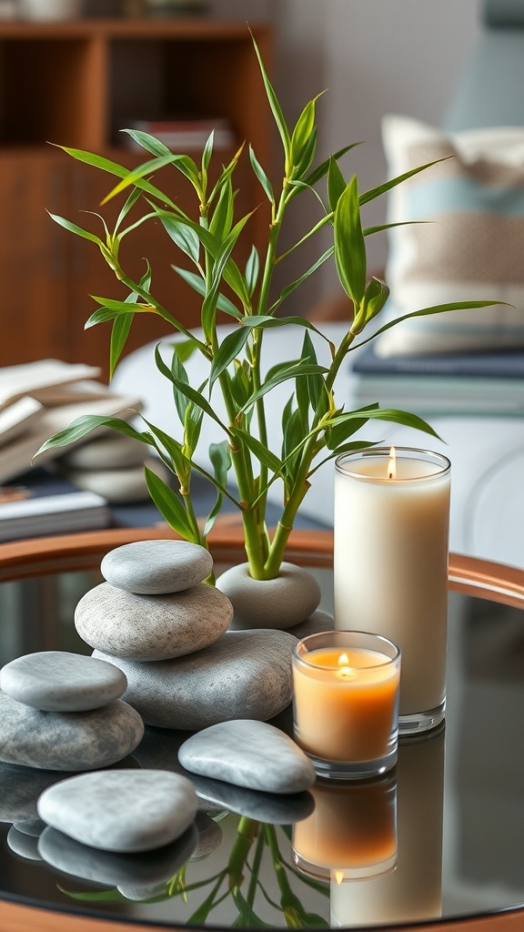 A coffee table arrangement featuring bamboo, smooth stones, and candles, creating a zen-inspired decor.