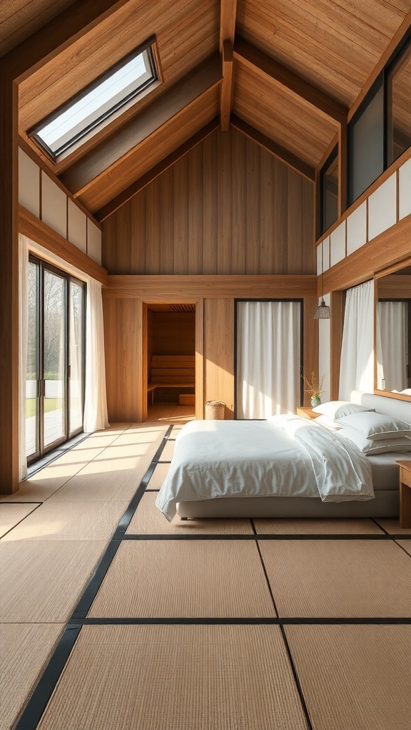 A serene Japanese-style bedroom with wooden walls, tatami mat flooring, and a sauna.